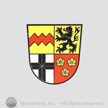 Heraldry: shield, lion, cross, roses, wavy line.
