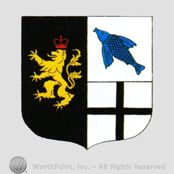 Heraldry: shield, lion, crown, fish, cross.