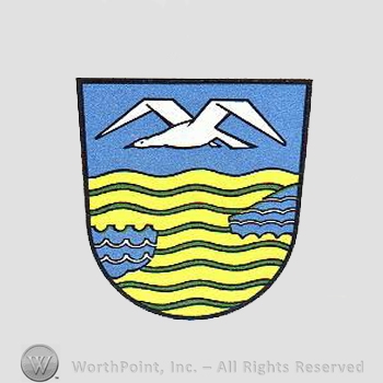 Heraldry: shield, bird, wavy lines.