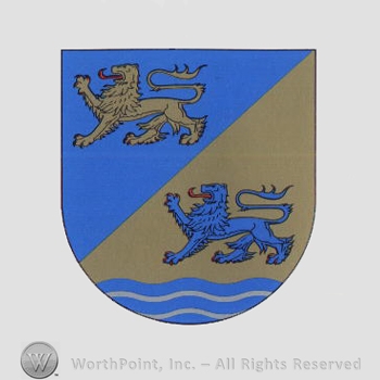Heraldry: shield, lions, wavy lines.