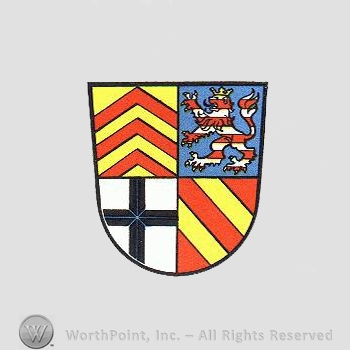 Heraldry: shield, lion rampant, cross, red lines.