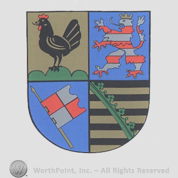 Heraldry: shield, cock, lion rampant, flag, black and brown lines.