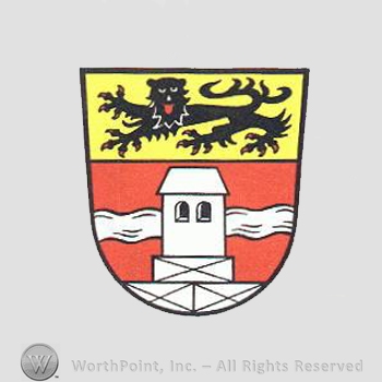 Heraldry: lion, shield, castle, wavy line.