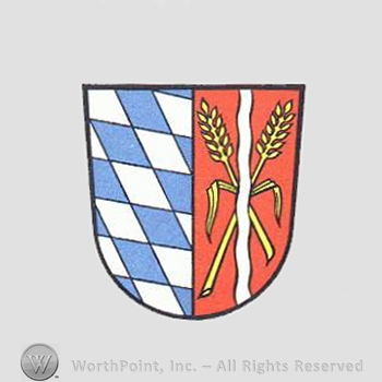 Heraldry: shield, diamonds pattern, wheat, wavy line.
