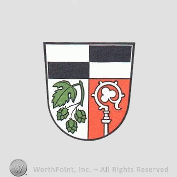 Heraldry: shield, hops, monastery stick.