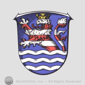 Heraldry: shield, lion rampant, wavy lines.