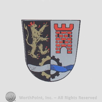 Heraldry: shield, lion, castle tower, wavy line, gear wheel.