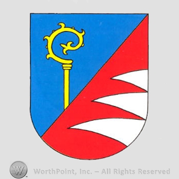 Heraldry: shield, monastery stick, horns.