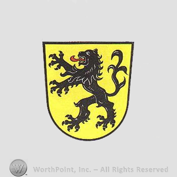 Heraldry: shield, lion rampant.