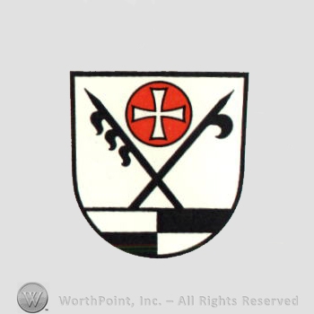 Heraldry: shield, spears, maltese cross.