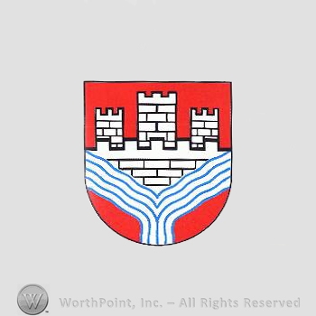 Heraldry: shield, castle, wavy lines.