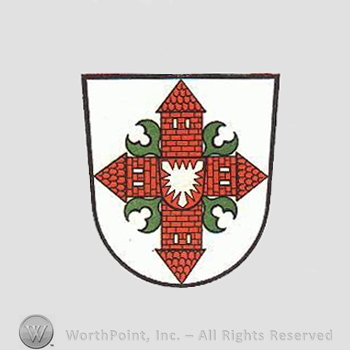 Heraldry: shield, church, crescents.
