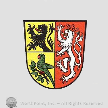 Heraldry: shield, lion, panther, parrot.