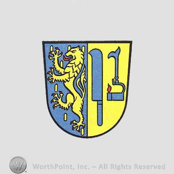 Heraldry: shield, knife, mining tool, lion.