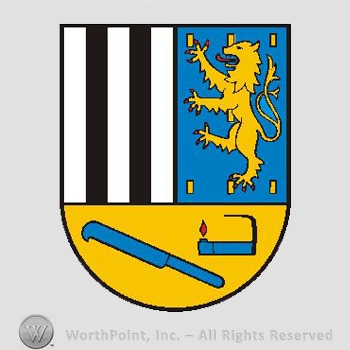 Heraldry: shield, lion rampant, knife, lamp, black lines.
