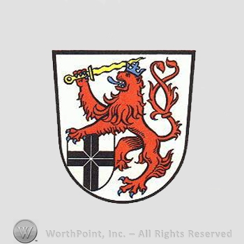Heraldry: shield, lion, sword, cross, small shield.