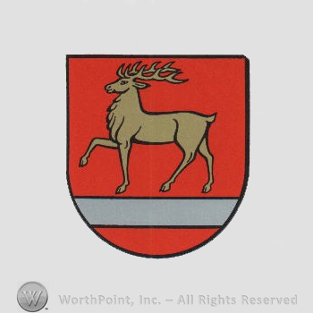 Heraldry: shield, bar, stag.