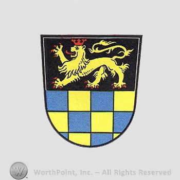 Heraldry: shield, lion, chequered field.