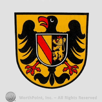 Heraldry: shield, eagle, small shield, lion, crown, red bar.