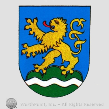 Heraldry: shield, lion, hills, wavy line.