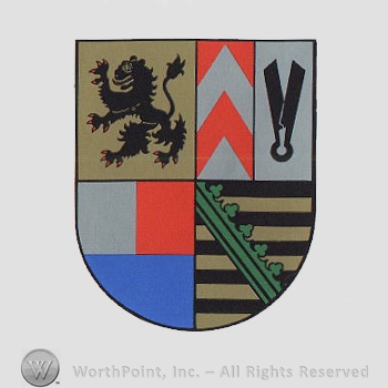 Heraldry: shield, lion, squares and lines, red bars, ring and clover bar, scissor.