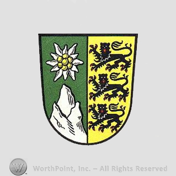 Heraldry: shield, flower, mountains, three black lions.