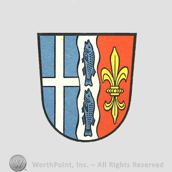 Heraldry: shield, cross, fishes, fleur-de-lis.