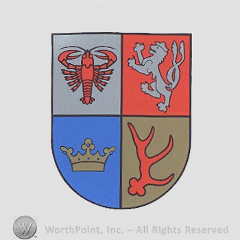 Heraldry: shield, crab, lion, crown, antler.
