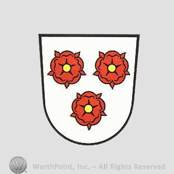 Heraldry: shield and roses.