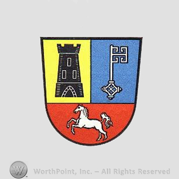 Heraldry: shield, key, tower, horse.