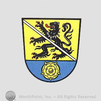 Heraldry: shield, lion, line, rose.