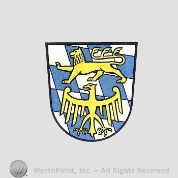 Heraldry: shield, lion, eagle, diamonds pattern.