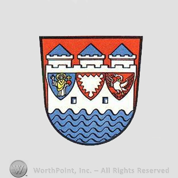 Heraldry: shield, castle, wavy lines, three small shields, priest, leaf, swan.