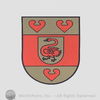 Heraldry: shield, hearts, swan, small shield.