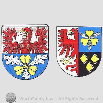 Heraldry: two shields, two eagles, clover leaves, oak leaves, diamonds.