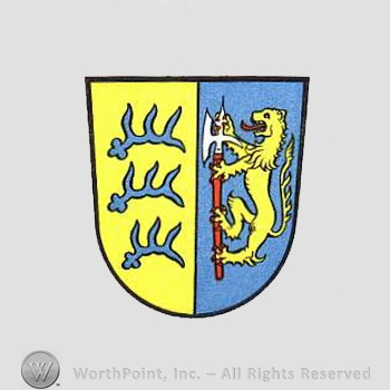 Heraldry: shield, deer antlers, lion, axe.