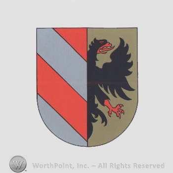 Heraldry: shield, eagle, red bars.
