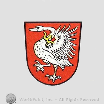 Heraldry: shield, swan, crown.