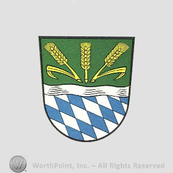 Heraldry: shield, wheat spice, wavy line, diamonds pattern.