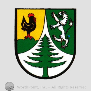 Heraldry: shield, lion, cock, hills, pine tree.