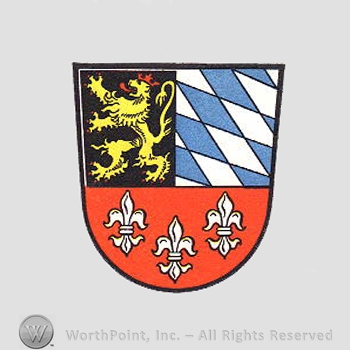 Heraldry: shield, lion, fleur-de-lis, diamonds pattern.