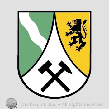 Heraldry: shield, lion, hammers, wavy line.