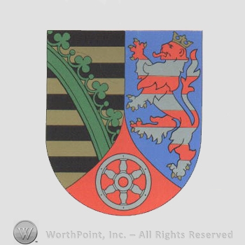 Heraldry: shield, lion rampant, wheel, ring and clover bar, lines.