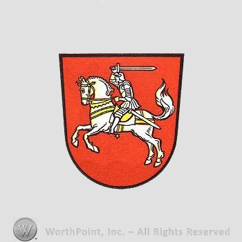 Heraldry: shield, horse, knight, sword.