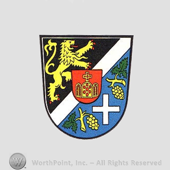 Heraldry: shield, lion, grapes, cross, white line, small shield, crown.