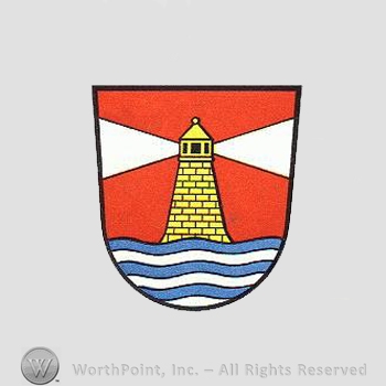 Heraldry: shield, wavy lines, lighthouse.