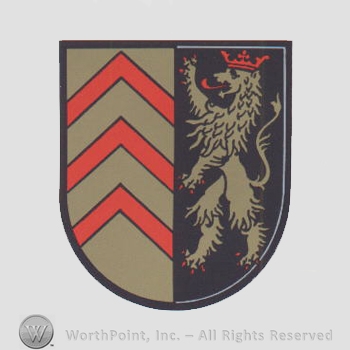 Heraldry: shield, lion, crown, red lines.