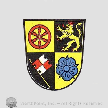 Heraldry: shield, wheel, lion, flag, rose.