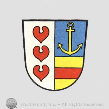 Heraldry: shield, anchor, hearts, red bar.