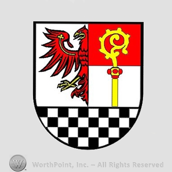 Heraldry: shield, eagle, chequered field, monastery stick.